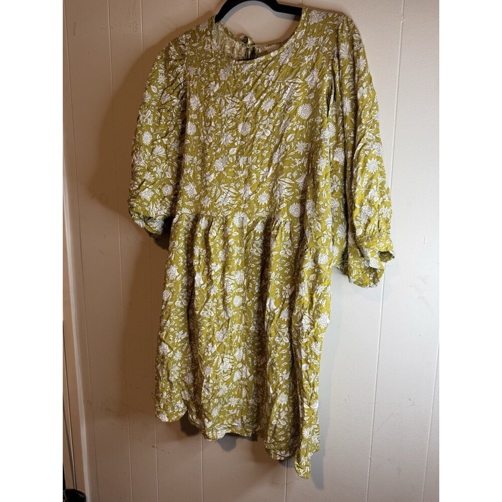 Yellow White Floral A-Line Short Dress 3/4 Sleeve Crew Neck Button Closure - Picture 2 of 3